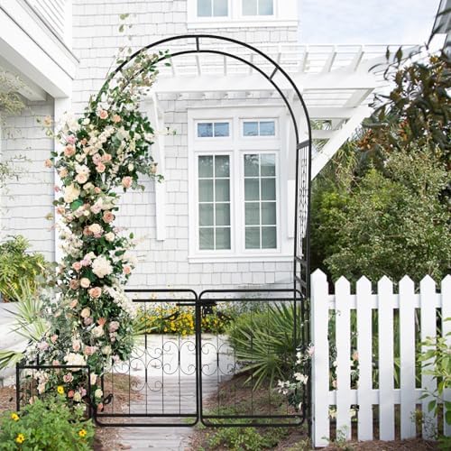 Garden Arbor with Gate and Planter, 7FT Wedding Arches for Ceremony, Metal Arbor Trellis for Climbing Plants Outdoor, Black Garden Archway for Lawn, Patio and Backyard, Includes Ground Stakes - Image 5