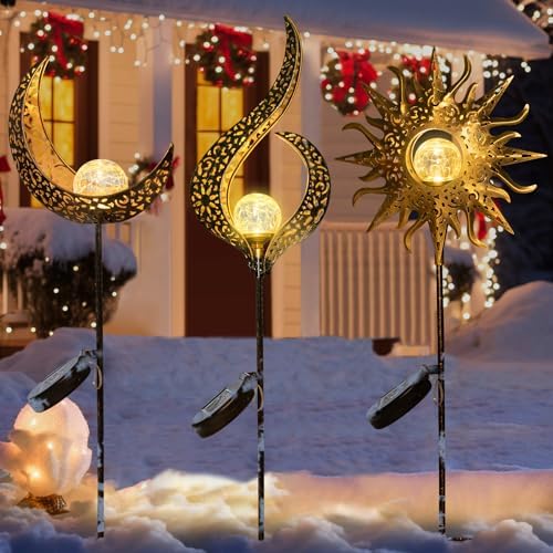 HOMEIMPRO Outdoor Garden Crackle Glass Globe Stake Lights,Waterproof LED Lights for Garden Yard(Moon&Flower&Sun) by Homeimpro