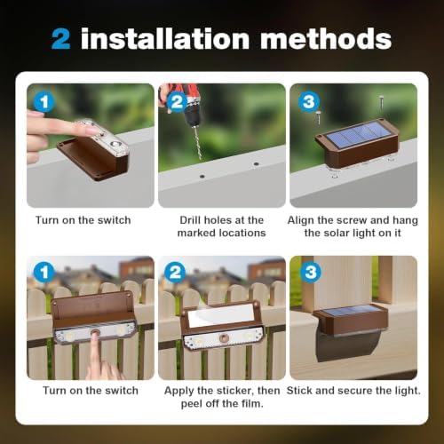 Peasur 12 Pack Solar Fence Lights Outdoor,Deck Light Solar Powered, IP65 Waterproof Led Riling Solar Lights Brown Frame for Outside Yard Step, Wram White - Image 6