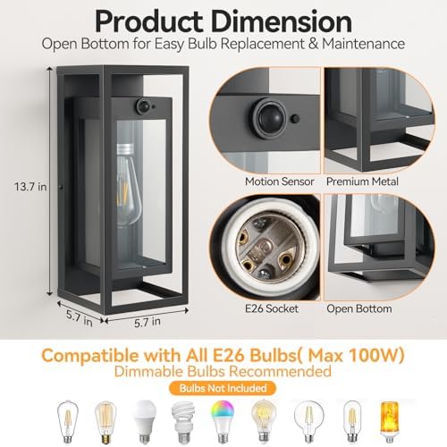 14" Motion Sensor Outdoor Wall Lights Fixture, E26, Black, 2-Pack - Image 5