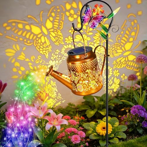 Butterfly Solar Lights Outdoor Solar Watering Can Lights with Shepherd Hook by ANGMLN