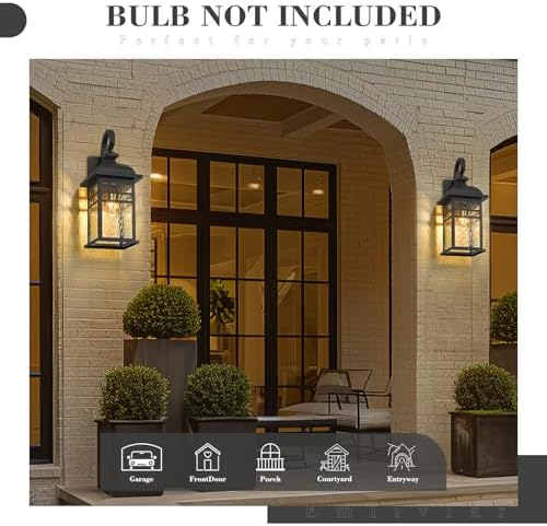 Emliviar 22" Black Industrial Wall Lantern, Weatherproof Outdoor Wall Mount Lamp Light Fixture with Water Ripple Glass, DE279B-M BK-WP - Image 4
