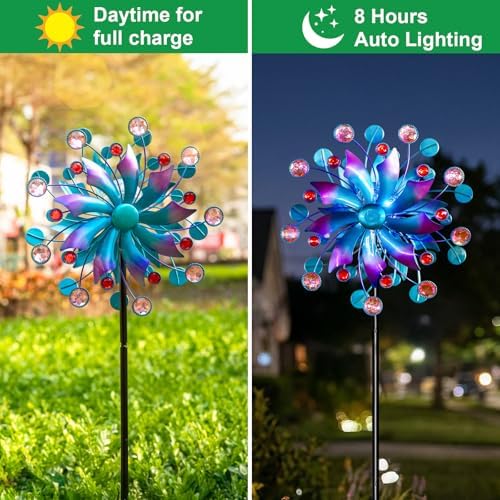 Solar Wind Spinner for Yard and Garden – 61 Inch Outdoor Metal Kinetic Sculpture with Multi-Color LED Glass Ball Light – Waterproof Windmill Stake for Patio, Lawn, and Pathway Decoration (Blue) - Image 2
