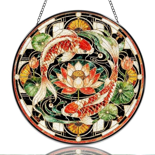 9.84 Inch Stained Glass Window Hanging Koi Fish and Lotus Sun Catchers Oriental Zen Harmony Suncatchers for Home Porch Garden Indoor & Outdoor Decor by Unknown