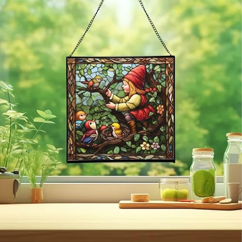 Gnome with Baby Birds Stained Glass Suncatcher – Square Hanging Window Panel for Home, Garden, Nursery, Halloween, Christmas, Memorial Day – Whimsical Glass Art Gift for Gnome Lovers bchnpw - Image 2