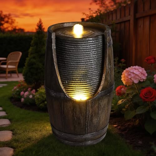 24.8'' Wooden Barrel Style Outdoor Water Fountain with LED Lights Resin Rustic Garden Waterfall Decor Farmhouse Garden Water Fountain for Patio Porch Yard - Image 7