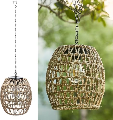 Hanging Solar Lanterns Outdoor Waterproof, Rattan Wicker Hanging Chandelier by Larekook