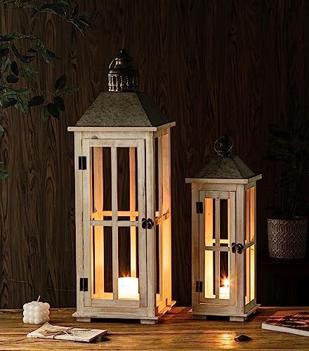 TIMRIS Large Rustic Wooden Decorative Lantern Set of 2, Modern Farmhouse Distressed Whitewash Floor Candle Lanterns, Indoor/Outdoor Hanging Lanterns for Home Decor (No Glass) - Image 5