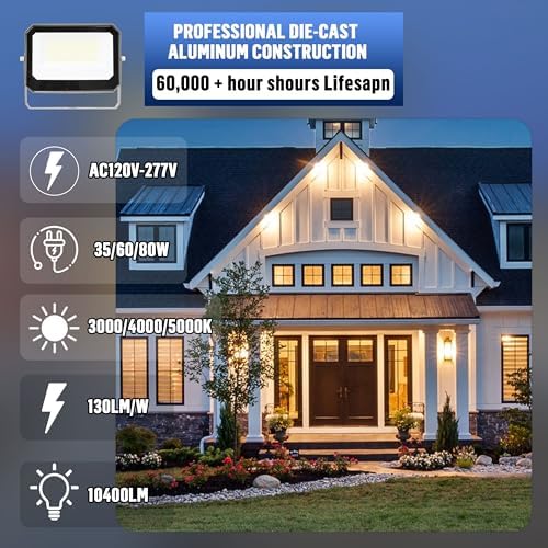 LAMPHOME LED Flood Lights Outdoor 35/60/80W and 3000/4000/5000K Adjustable 10400Lm,Dusk-to-Dawn Sensor o Dawn Flood Light for Yard, Garage, Garden,UL Listed,Includes Include Slip Fitter Mount - Image 4