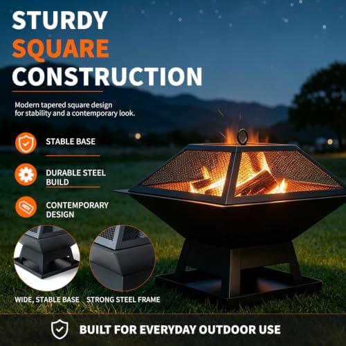 19.8" Square Outdoor Fire Pit Table with Fire Poker & Mesh Lid, Metal Wood Burning Stove, Brazier Patio Outside Heating for Backyard Log Burning Camping - Image 4