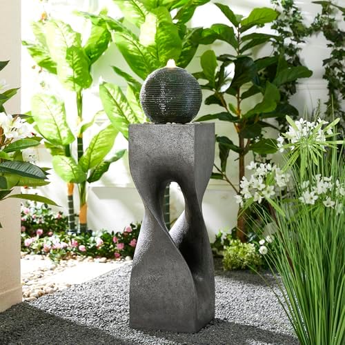 Glitzhome Modern Geometric Outdoor Water Fountain with LED Light, Oversized Pedestal Water Fountains with Submersible Pump, Sphere Floor Standing Fountain with Pebbles for Garden Patio Decor, 40.5”H by Glitzhome