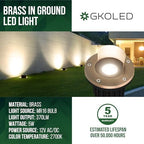 GKOLED 4 Pack, LED Brass Well Lights, 12V IP67 Waterproof Outdoor In Ground Light with MR16 Bulb and Swival Base, Low Voltage Landscape Lighting, 5W 2700K, Up Light for Garden Tree Bushe, Shielded Top - Image 2