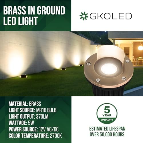 GKOLED 4 Pack, LED Brass Well Lights, 12V IP67 Waterproof Outdoor In Ground Light with MR16 Bulb and Swival Base, Low Voltage Landscape Lighting, 5W 2700K, Up Light for Garden Tree Bushe, Shielded Top - Image 2