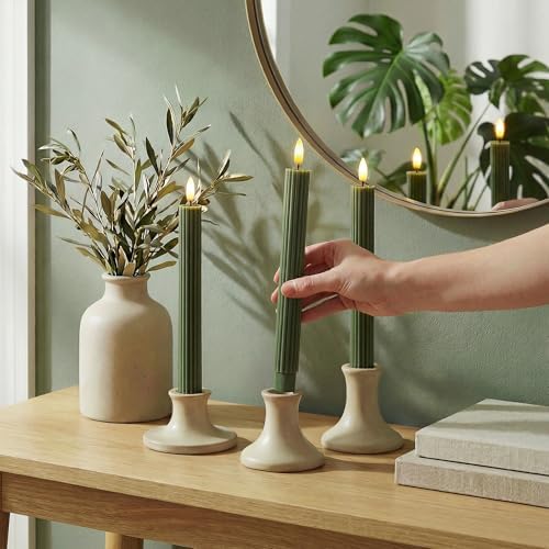 6 Pack, 10" LED Flameless Real Wax Sage Olive Loden Green Fluted Ribbed Grooved Taper Candles, Remote & 24h Timer Memory, On/Off Button, Dimmable, Flicker Mode, Battery Operated, Wedding - Image 2