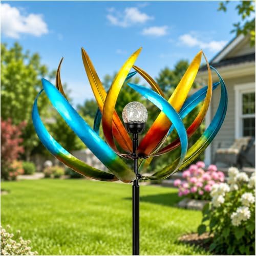 83-Inch Solar Wind Spinner Outdoor Metal, Kinetic Yard Art with Glass Globe by XPSCOCO