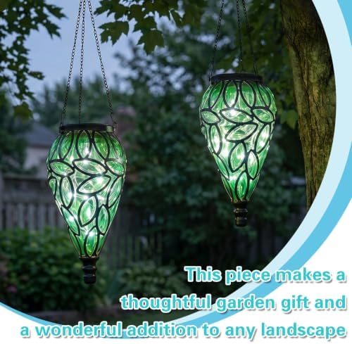 Tujoe 2 Pack Solar Hanging Lanterns Outdoor Lights, Green - Image 5