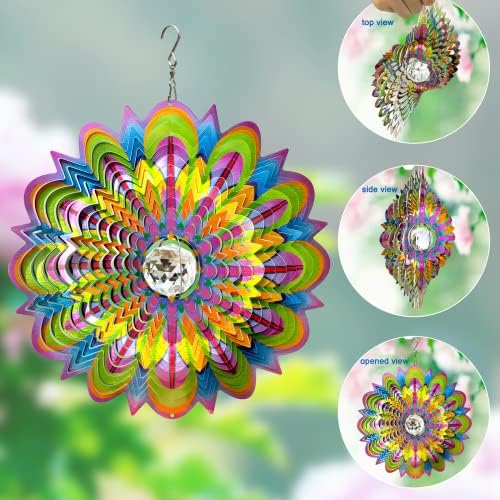 FONMY Mandala Wind Spinner w/Crystal Ball-Bloosom 3D Stainless Steel Suncatcher Hanging Spinners Worth Gift Christmas Decoration Indoor/Outdoor Garden Décor Kinetic Yard Art 12 Inches Wind Sculpture - Image 3
