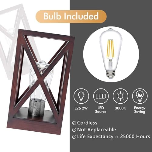 WINGBO 2 Pack Retro Battery Powered Table Lamps, Battery Operated Cordless Lamp Set, Portable Nightlight Decorative Light for Living Room Dining Room Bedroom Entryway Patio Backyard, Walnut Finish - Image 4