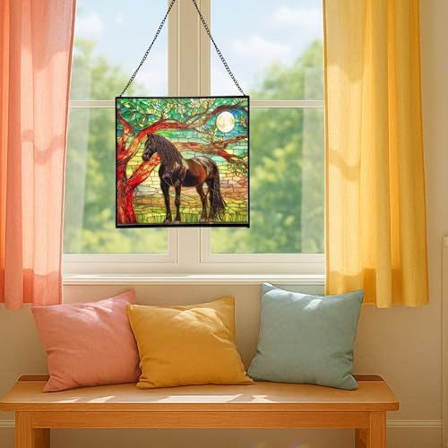 Black Horse Standing Beneath Ancient Tree Square Suncatcher – Stained Glass Style Window Panel with Pastoral Scene, Custom Decorative Hanging Art for Equestrian Home, Christmas vR93jU - Image 5