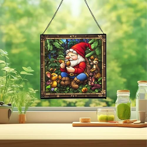 Gnome with Acorn Whistles Stained Glass Suncatcher – Square Hanging Window Panel for Home, Garden, Nursery, Halloween, Christmas, Memorial Day – Whimsical Glass Art Gift for Gnome Lovers a2mqwg - Image 2