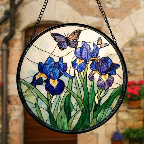 Purple Iris and Butterfly Stained Glass Window Hanging Suncatcher Gift 12" - Image 2