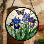 Purple Iris and Butterfly Stained Glass Window Hanging Suncatcher Gift 12" - Image 2