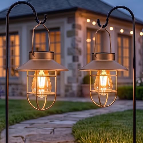 Solar Lantern with Shepherd's Hook,Garden Hanging Vintage Bulb Lantern Lamp by ZYLiWoo