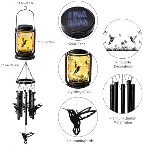 2 Pack Solar Hummingbird Wind Chimes for Outside, Birthday Mother' s Day Gifts for Mom Women Grandma,Solar Hummingbird Wind Chime Light Hanging Wind Chimes Outdoor,IP65 Waterproof, Yard Garden Terrace - Image 3