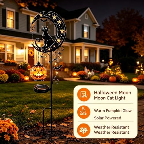 Solar Halloween Black Cat & Pumpkin Moon Metal Garden Stake Light, Waterproof Solar Outdoor Decor, Auto Dusk Light Ornament for Yard Lawn Patio Pathway - Image 6