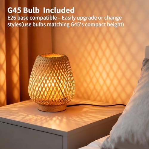 Boho Rattan Small Table Lamp with Double Layer Bamboo Woven Shade - Image 4