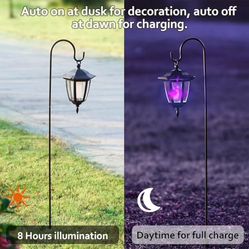 Dynaming 6 Pack Solar Halloween Flame Hanging Lights Outdoor, Flickering Flame LED Garden Lanterns with 4x38 Inch Shepherd Hooks, Landscape Lighting Waterproof for Lawn Yard Pathway Driveway, Purple - Image 2