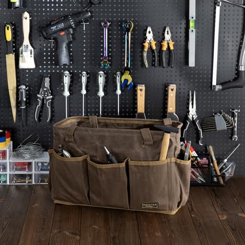 15.5-Inch Foldable Open Top Waxed Canvas Tool Bag, Multi-Purpose Wrench Tool Pouch with Handle, Durable and Water Resistant(Grey) - Image 4