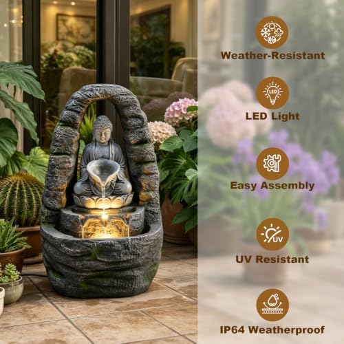 27.2" H Outdoor Water Fountain with LED Lights, Buddha Design Cascading Water Feature for Zen Garden Patio Backyard Porch Decor - Image 3
