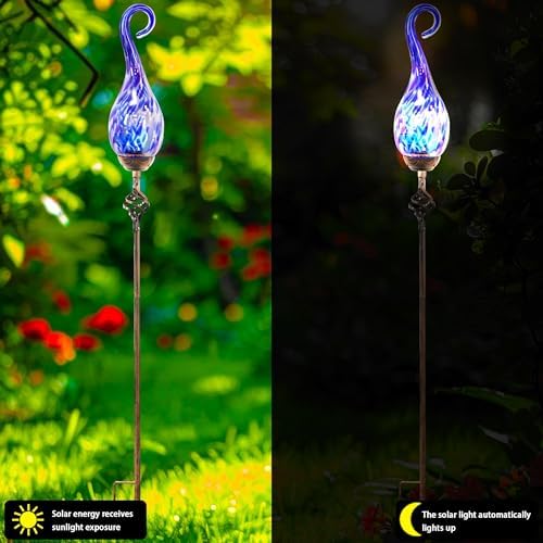 Garden Solar Lights,Flame Solar Lights Outdoor - Hand Blown Glass Waterproof Glass Stakes Outdoor Waterproof Blue Flame Solar Light - Image 2