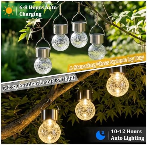 Hanging Solar Lights Outdoor Garden, 12 Pack Cracked Glass Hanging Ball Lights with Handle, IP65 Waterproof Outdoor Lanterns Decorative Globe Lights for Garden Yard Tree Balcony Patio Gazebo - Image 2