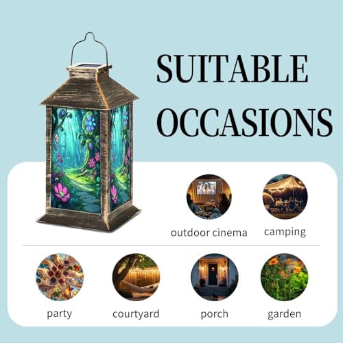 Solar Lantern Stained Glass Window Forest Clearing Light Scene Outdoor Waterproof Garden Hanging Lantern Solar Powered Lighting Outside Table Lamp for Patio Deck Camping 1 Pack - Image 5