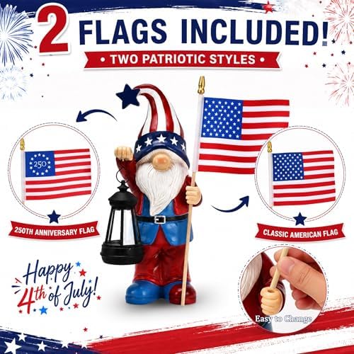 Nacome Solar Patriotic Gnomes Statues with Flag for Garden Decor - Image 4