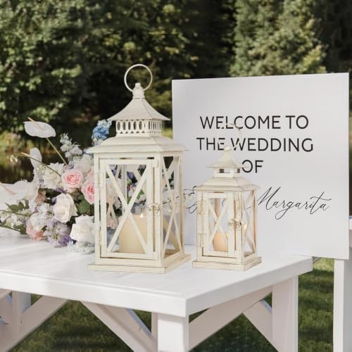 Lanterns Decorative Outdoor&Indoor, Set of 2 (14"&10") Beige Metal Lantern Decor with Glass, Candle Holder for Porch, Patio, Garden, Balcony, Wedding, Table Centerpiece - Image 5