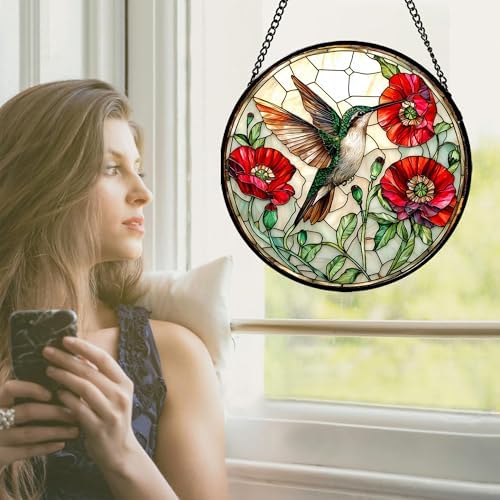 Stained Glass Window Hanging - Green Hummingbird Red Flower Suncatcher for Door Terrace Garden Home Decor Bird Landscape Sun Catcher Birthday Gifts for Lovers Women Men Dad Mom Nana 15 in - Image 2