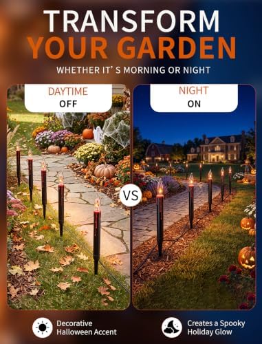 Halloween Candle Pathway Lights Outdoor, 19.5FT 10 C18 Flickering Flame Bulbs with Black Drip Bleeding Wax Stakes, Plug-in Waterproof Walkway Lights String Decor for Lawn Yard Driveway - Image 4