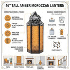 Vela Lanterns Decorative Indoor Candle Holder Table Centerpieces - Moroccan Hanging Outdoor Patio & Porch Home Decor, Turkish Floor Lamp for Wedding, Ramadan, Halloween (Extra Large 16", Amber Glass) - Image 4