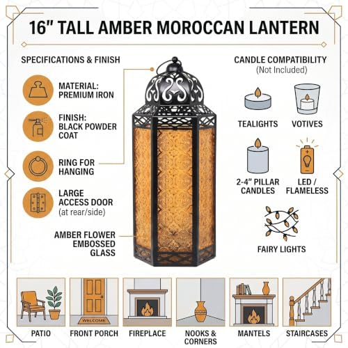 Vela Lanterns Decorative Indoor Candle Holder Table Centerpieces - Moroccan Hanging Outdoor Patio & Porch Home Decor, Turkish Floor Lamp for Wedding, Ramadan, Halloween (Extra Large 16", Amber Glass) - Image 4