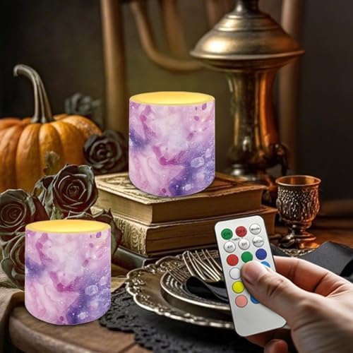 Set of 4 Flameless Candles Flickering with Timer, Purple Marble Print Waterproof Outdoor LED Battery Powered Candles with Remote and Timer Control for Meditation Yoga Study - Image 2