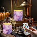 Set of 4 Flameless Candles Flickering with Timer, Purple Marble Print Waterproof Outdoor LED Battery Powered Candles with Remote and Timer Control for Meditation Yoga Study - Image 2