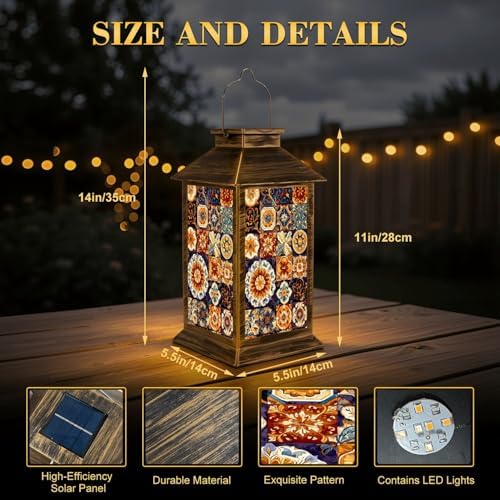 Solar Lantern Outdoor Waterproof Mexican Talavera Ceramic Tiles Spanish Maiolica Colorful Decorative Garden Decor LED Hanging Solar Lights Tabletop Lamp Gifts for Women Mom Outside Yard Patio Porch - Image 2