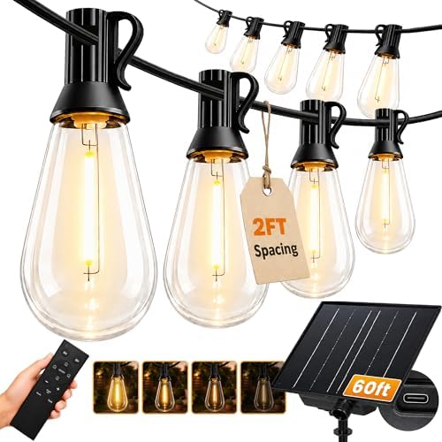 Solar String Lights Outdoor Waterproof, 60FT(54+6) 26 LED S14 Shatterproof Edison Bulbs, 2FT Spacing, 3 Modes, Dimmable, Timer, USB Solar Powered Hanging Patio Lights for Outside, Backyard by Unknown