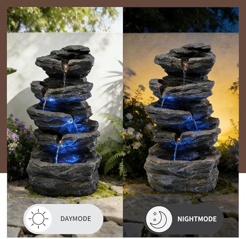 20" Outdoor Water Fountain with Lights, 5-Tiered Cascading Rock Water Fountain, Outdoor Garden Waterfall Decor for Garden, Patio, Courtyard - Image 4