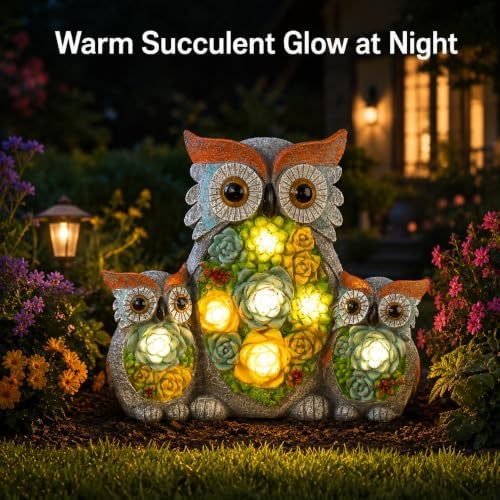 Solar Garden Statue Lights, Owl Family Decor with LED Succulent Flowers, Cute Solar Owl Figurines, Waterproof Resin Outdoor Yard Art for Patio Lawn Porch, Garden Gifts for Women Mom Grandma - Image 4