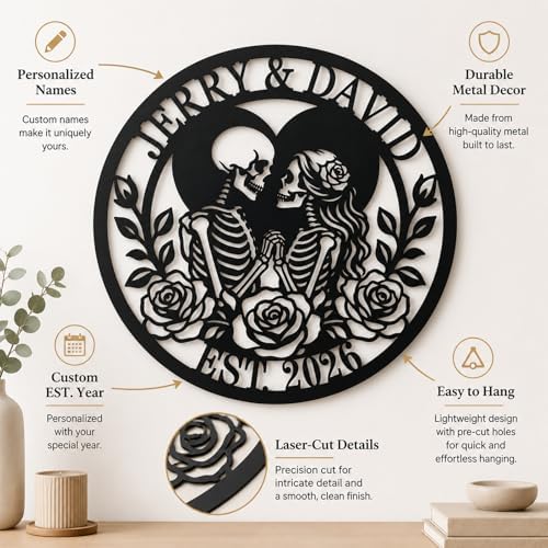 Personalized Skeleton Couple Metal Sign, Gothic Romantic Wall Art, Custom Skull Lovers Gift for Couples, Skeleton Rose Wall Sign, Metal Anniversary Wedding Decor(Style 11) - Image 3