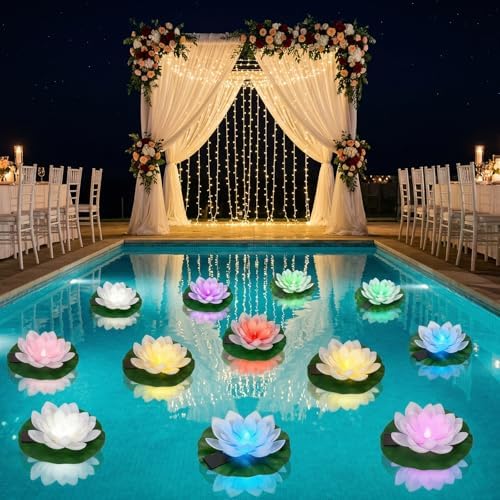 12 PCS Floating Lotus Flower Solar Pool Lights with Lily Pads (Multicolor) - Image 6